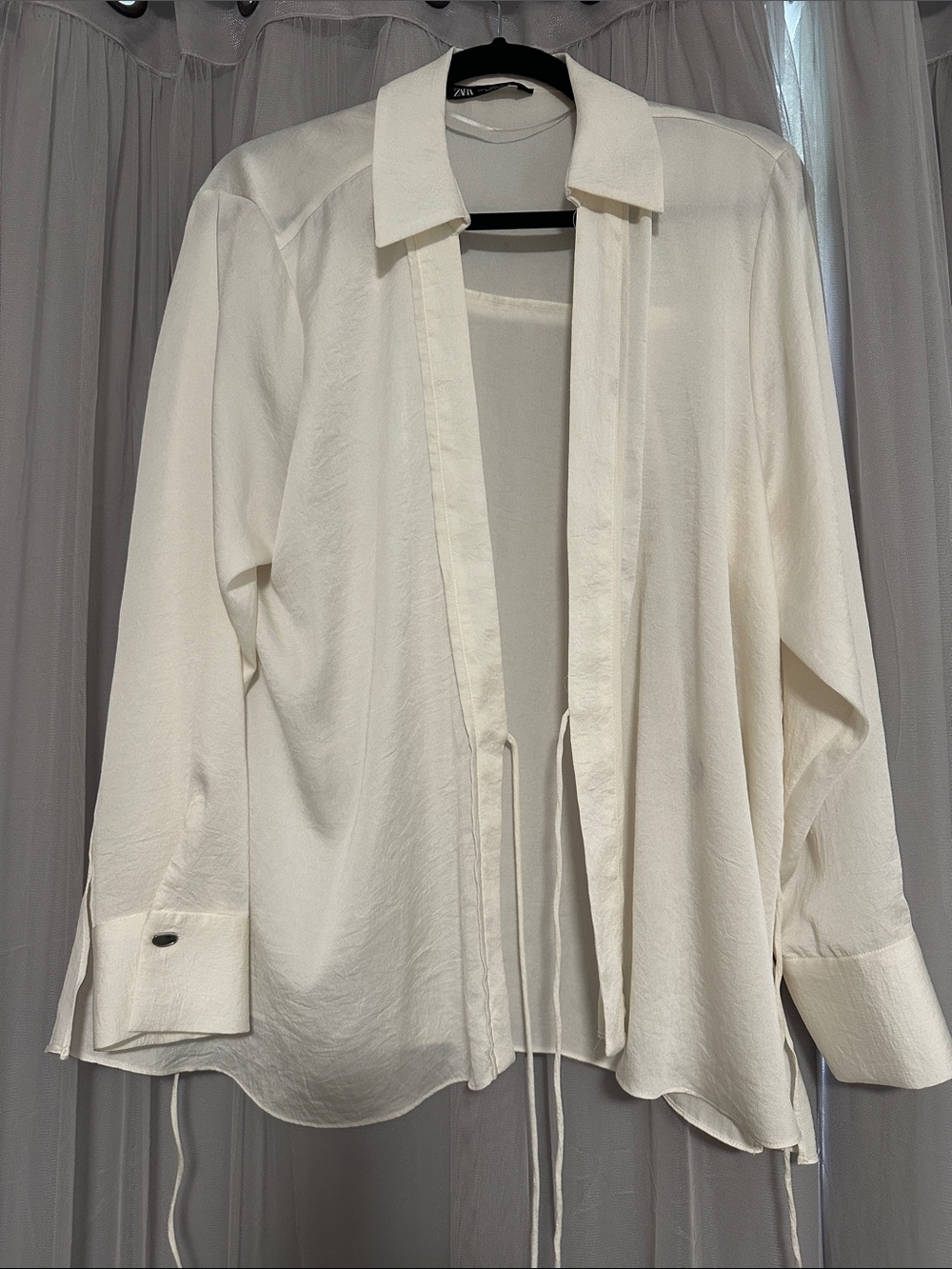Zara Cream Open-Front Tie-Detail Long Sleeve Shirt